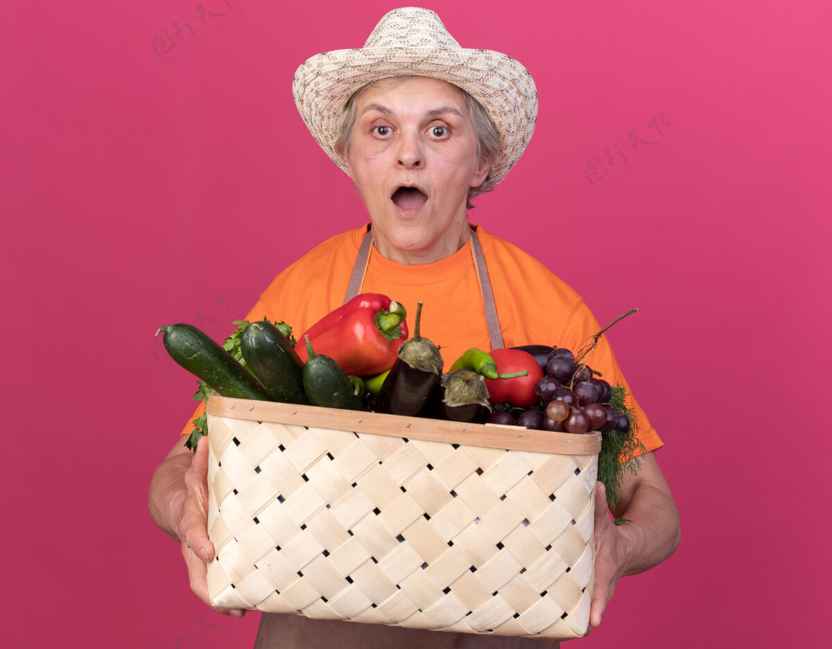 花园惊讶的上了年纪的女园丁戴着园艺帽拿着菜篮子女穿篮子