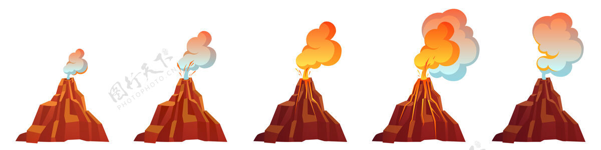 设置火山爆发过程的不同阶段火山口天空火