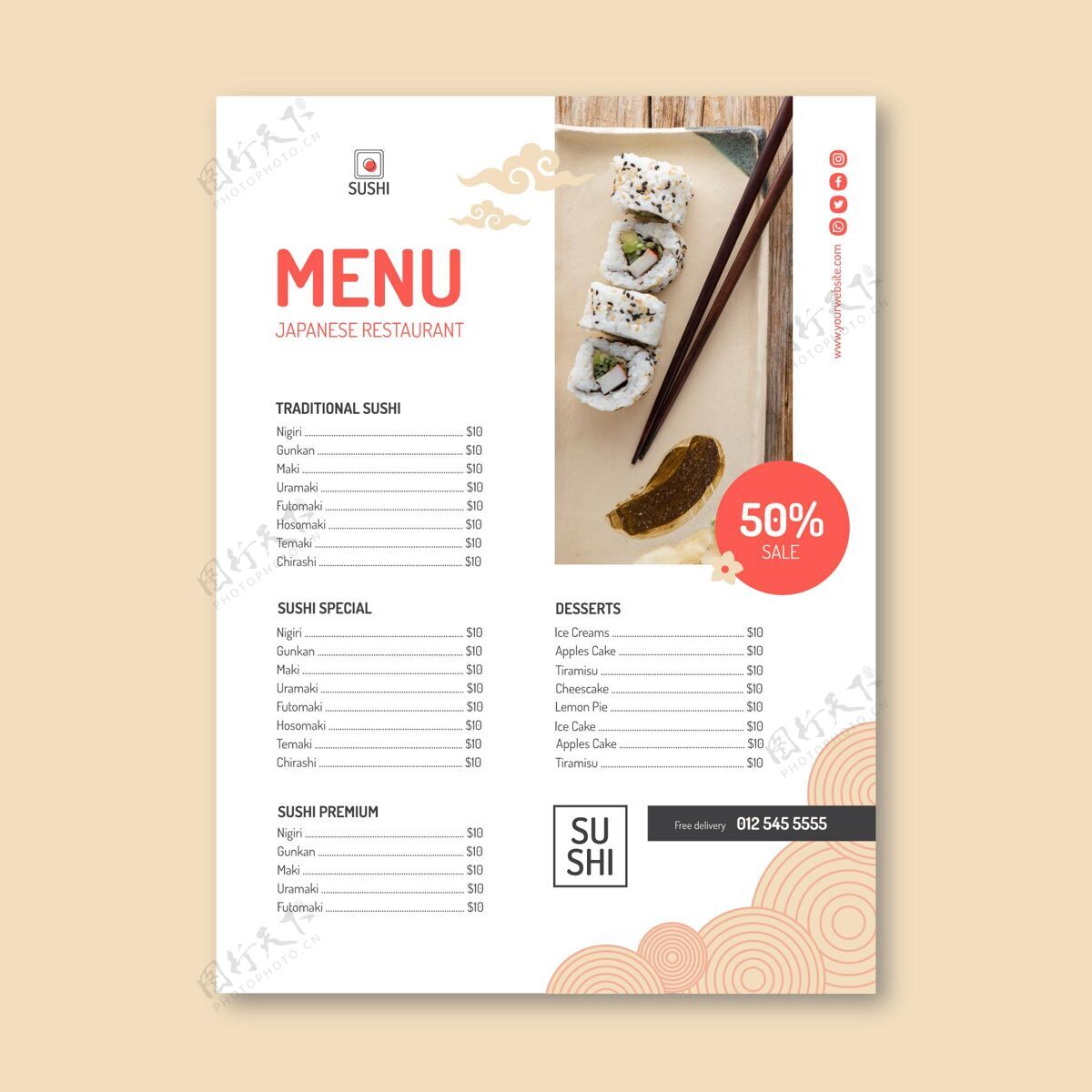 餐厅日本餐厅菜单模板食物寿司亚洲食物