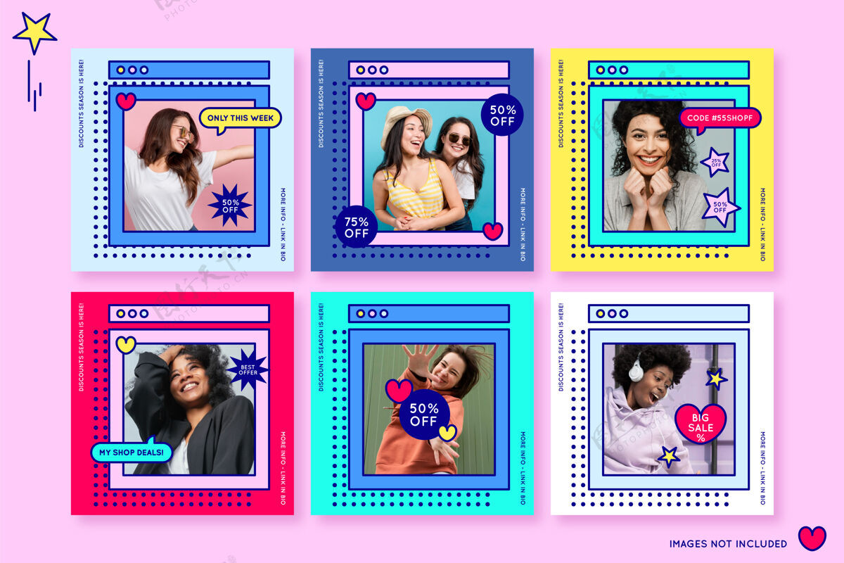 孟菲斯销售instagram帖子设置在蒸汽风格与欢快的颜色和女人SaleSet广告设计