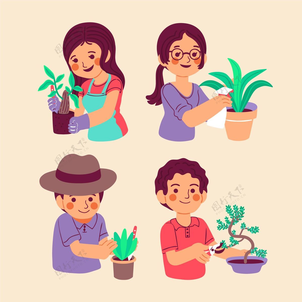 爱好卡通人物照顾植物放松园艺蔬菜