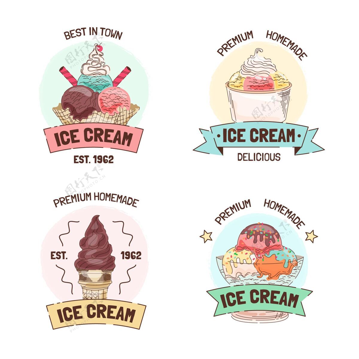 甜点手绘冰淇淋标签系列美味套餐小吃