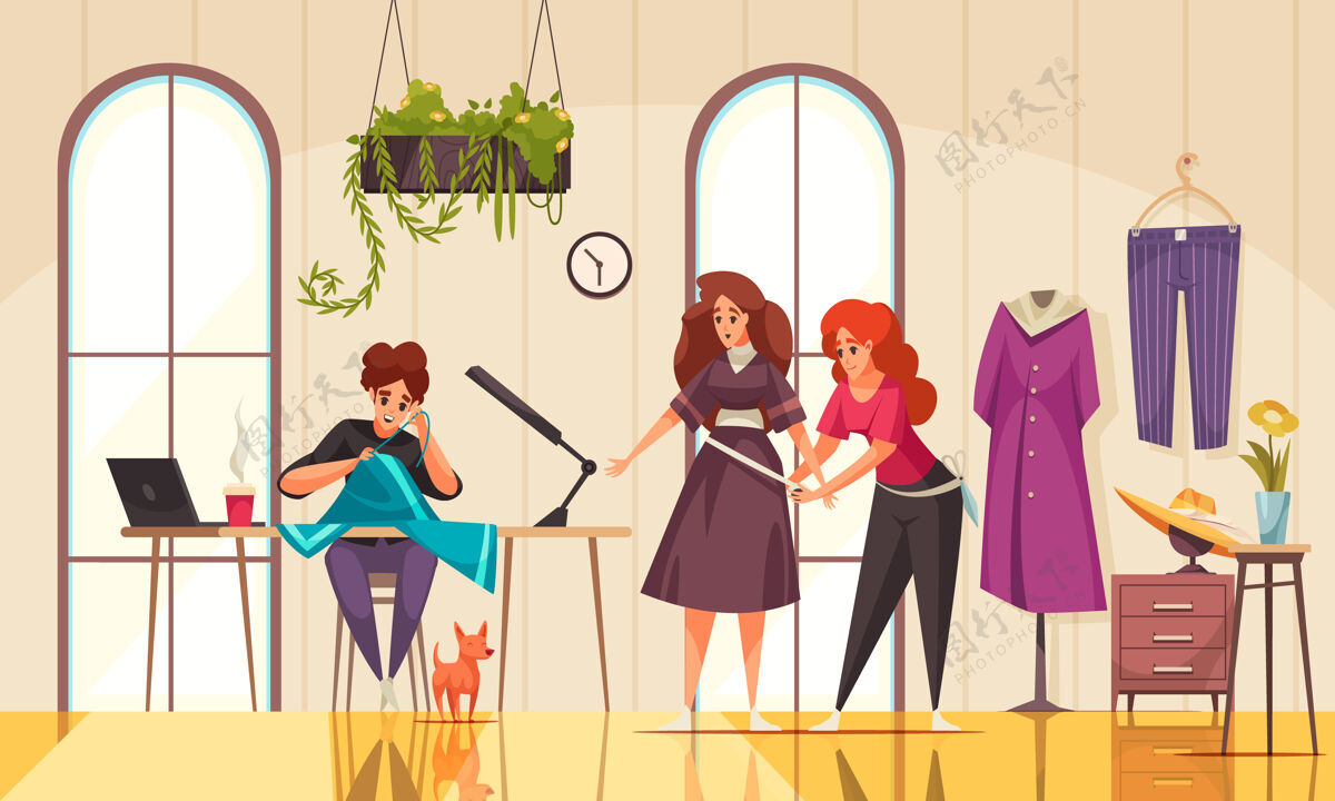 女人友好的女裁缝测量服装和缝纫在现代工作室的女人线车间缝纫机