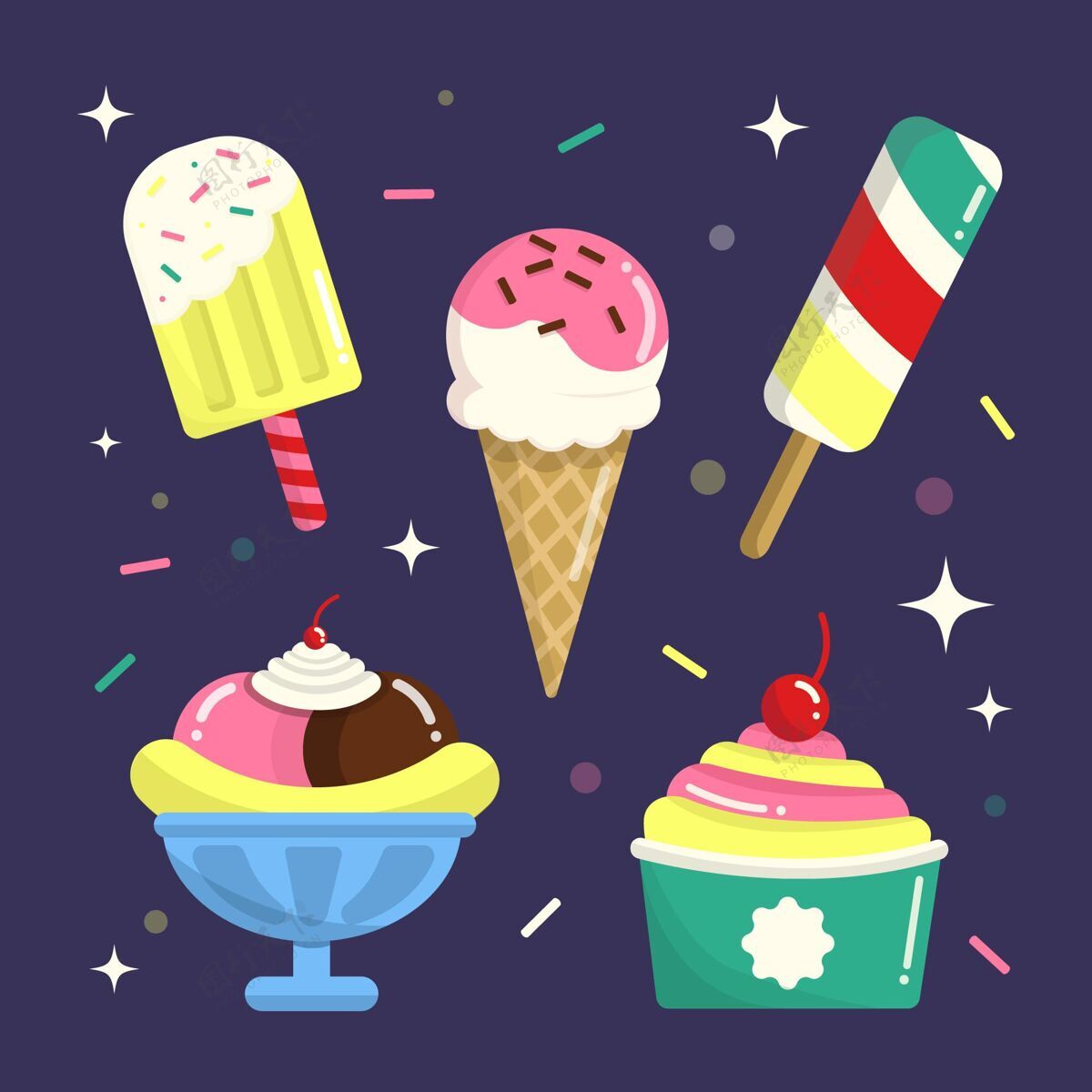 食物扁平冰淇淋包收藏夏天夏天
