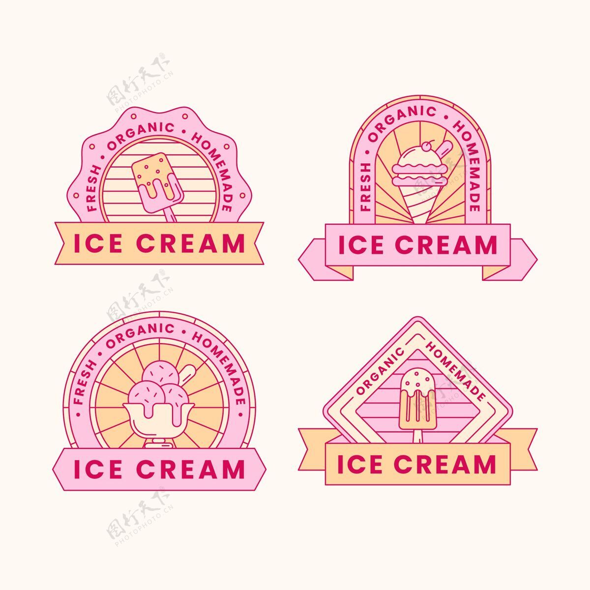 凉爽线性平面设计冰淇淋标签收集风味美味冰淇淋