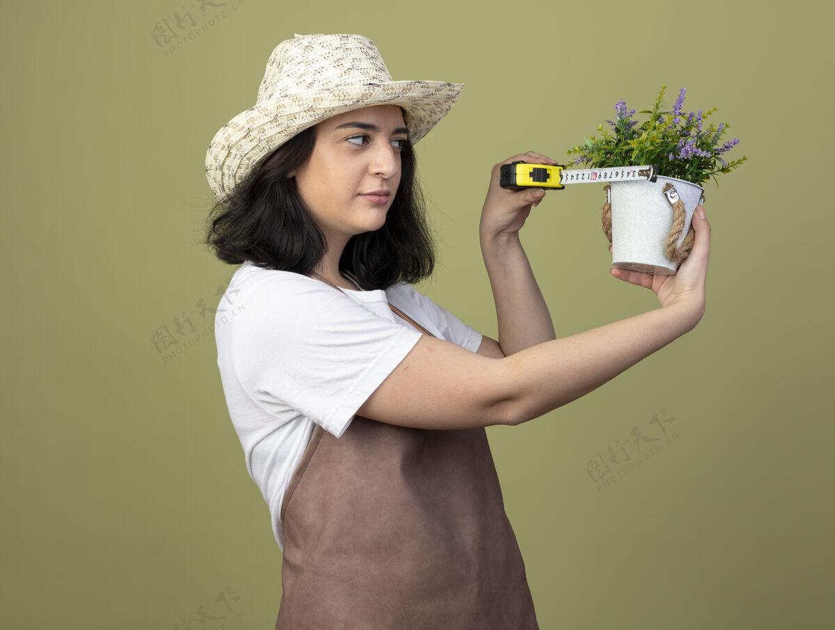 人自信的年轻黑发女园丁穿着制服戴着园艺帽测量花盆与卷尺隔离在橄榄绿的墙上人年轻人女性