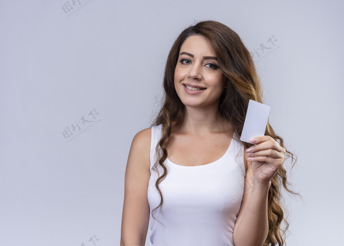 女孩笑容可掬的年轻漂亮女孩拿着信用卡复印空间微笑空间美丽