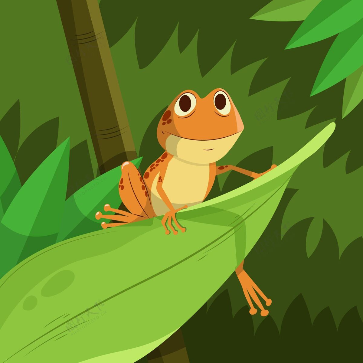 小平面设计笑脸青蛙着色自然笑脸野生动物