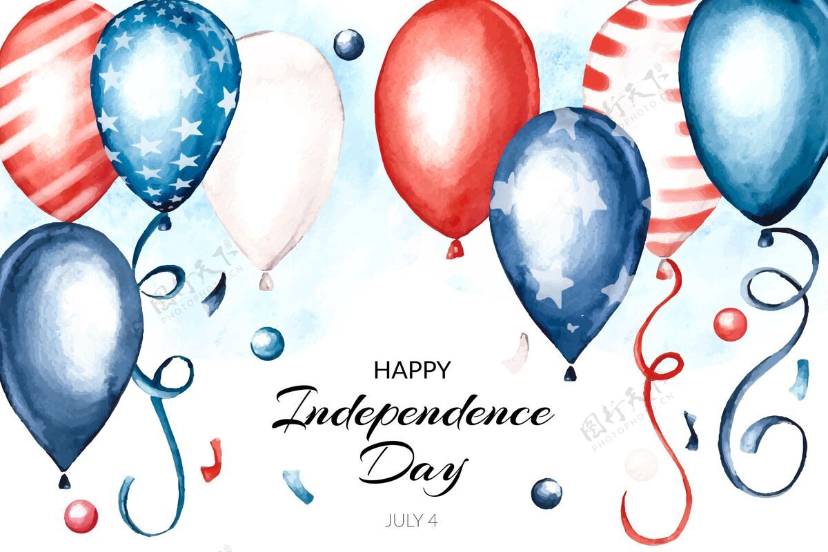 美国手绘水彩画七月四日-独立日气球背景纪念美国背景