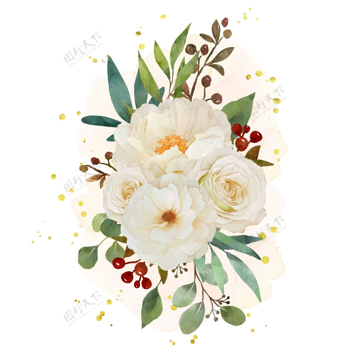 叶一束白玫瑰和牡丹花水彩画花花花