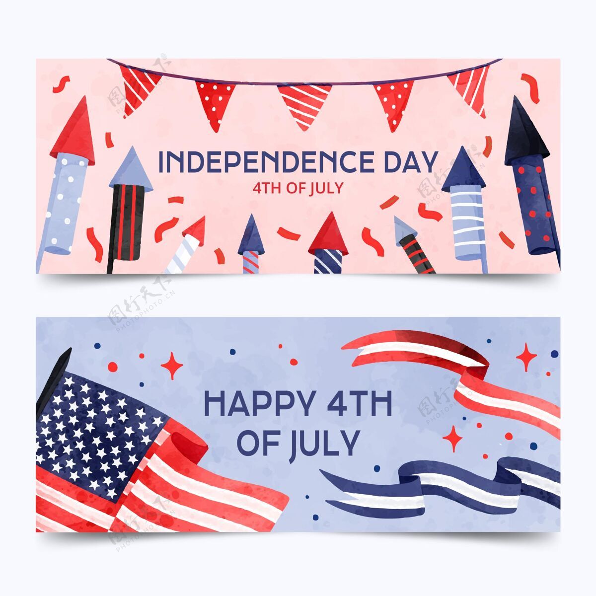烟花手绘水彩画七月四日独立日横幅集美国水彩美国