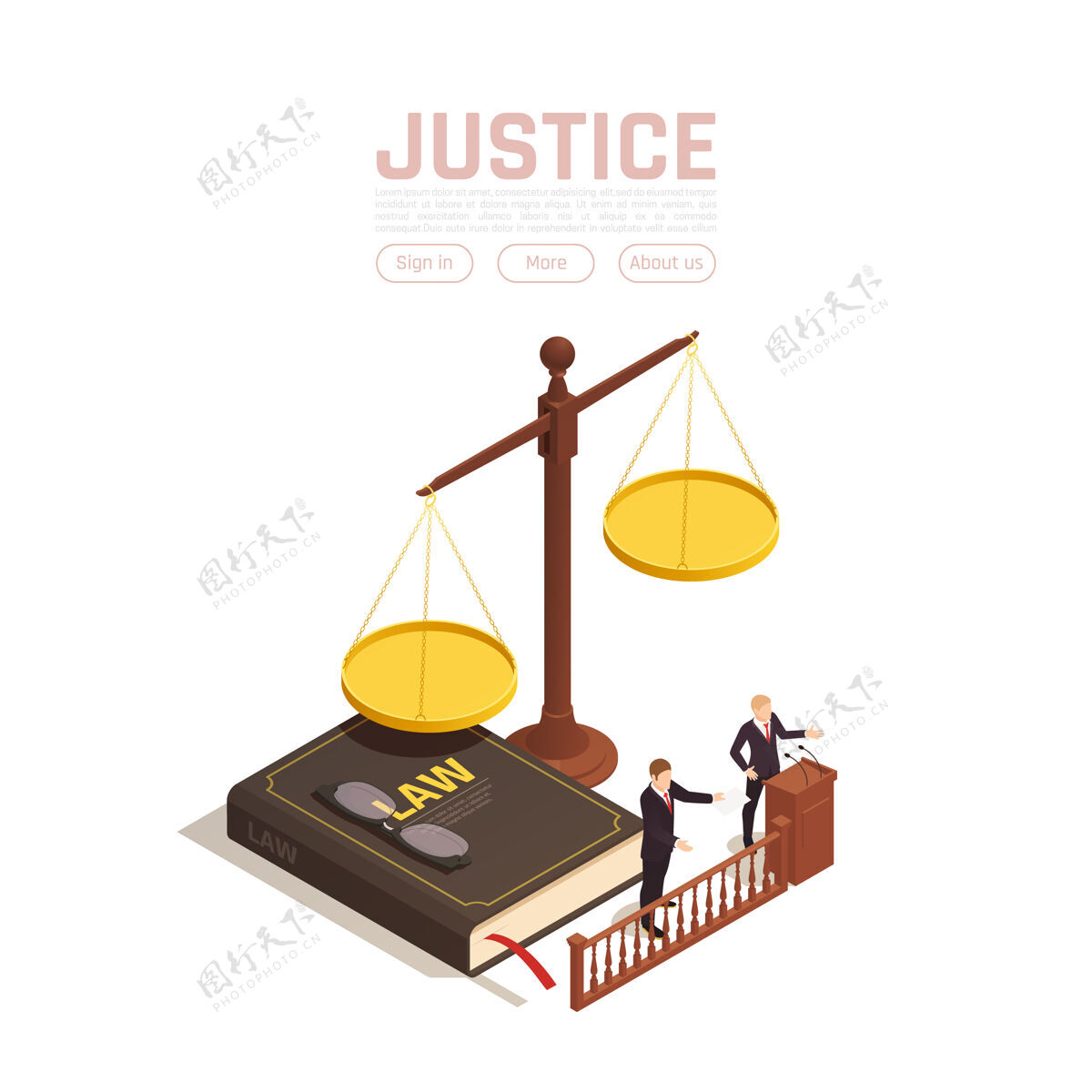 按钮法律公正等轴测插图与重量与书和文字按钮的人等距法律人