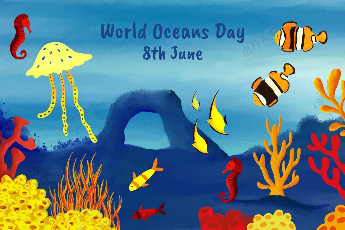 全球手绘水彩画世界海洋日插画活动海洋庆典
