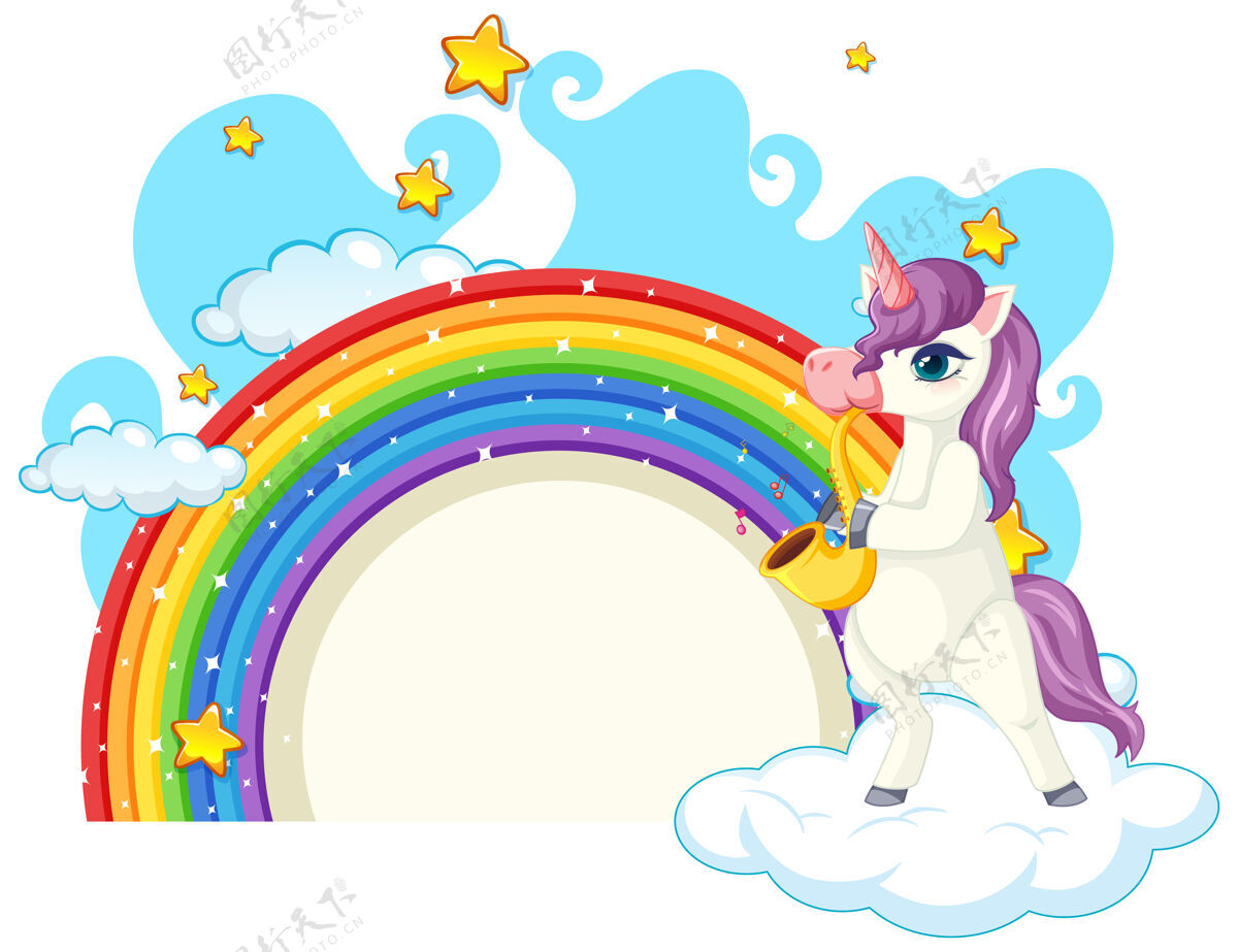 幻想独角兽卡通人物与彩虹隔离在白色安排人物标牌