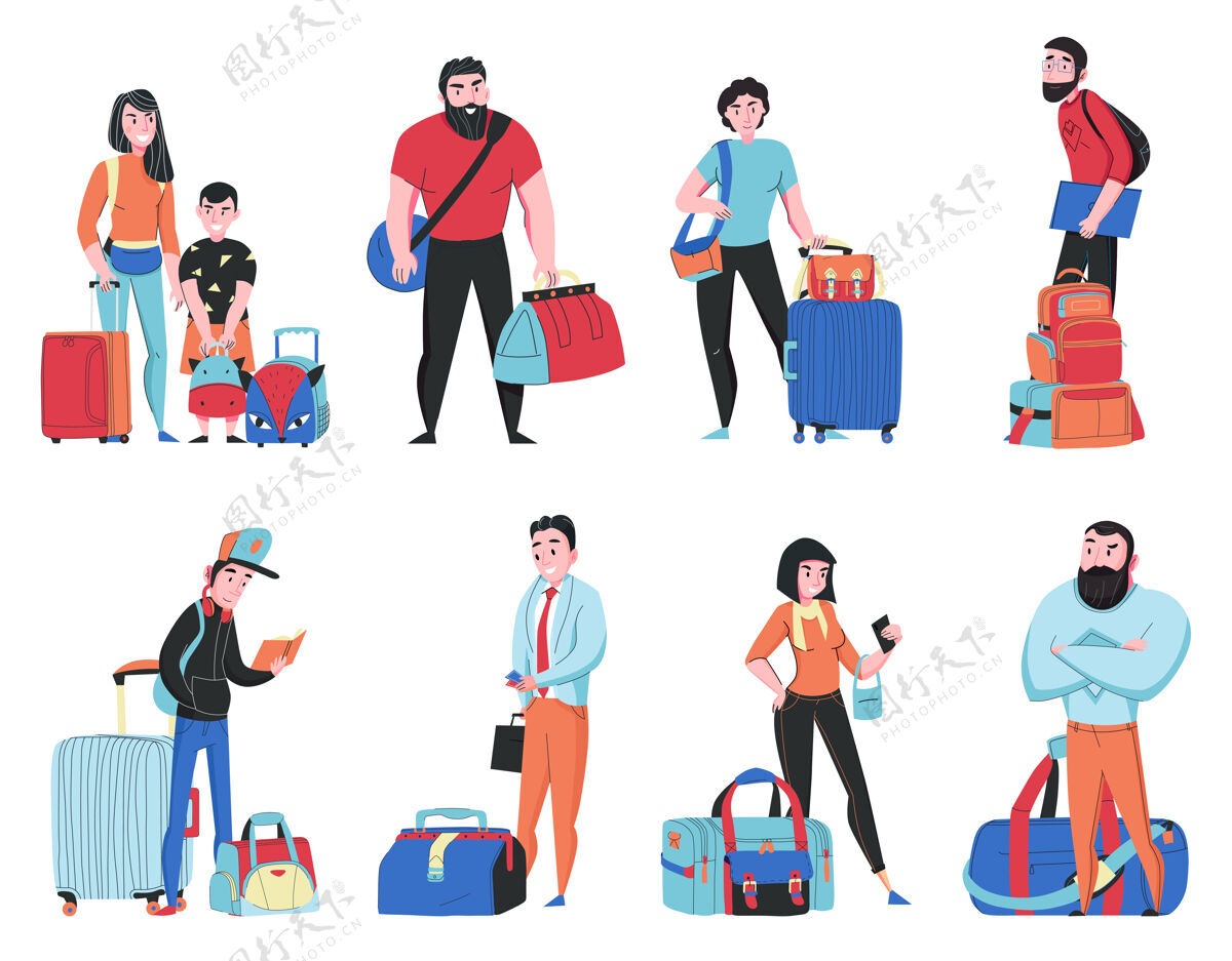 旅游旅行包里有游客的插图公寓旅行人