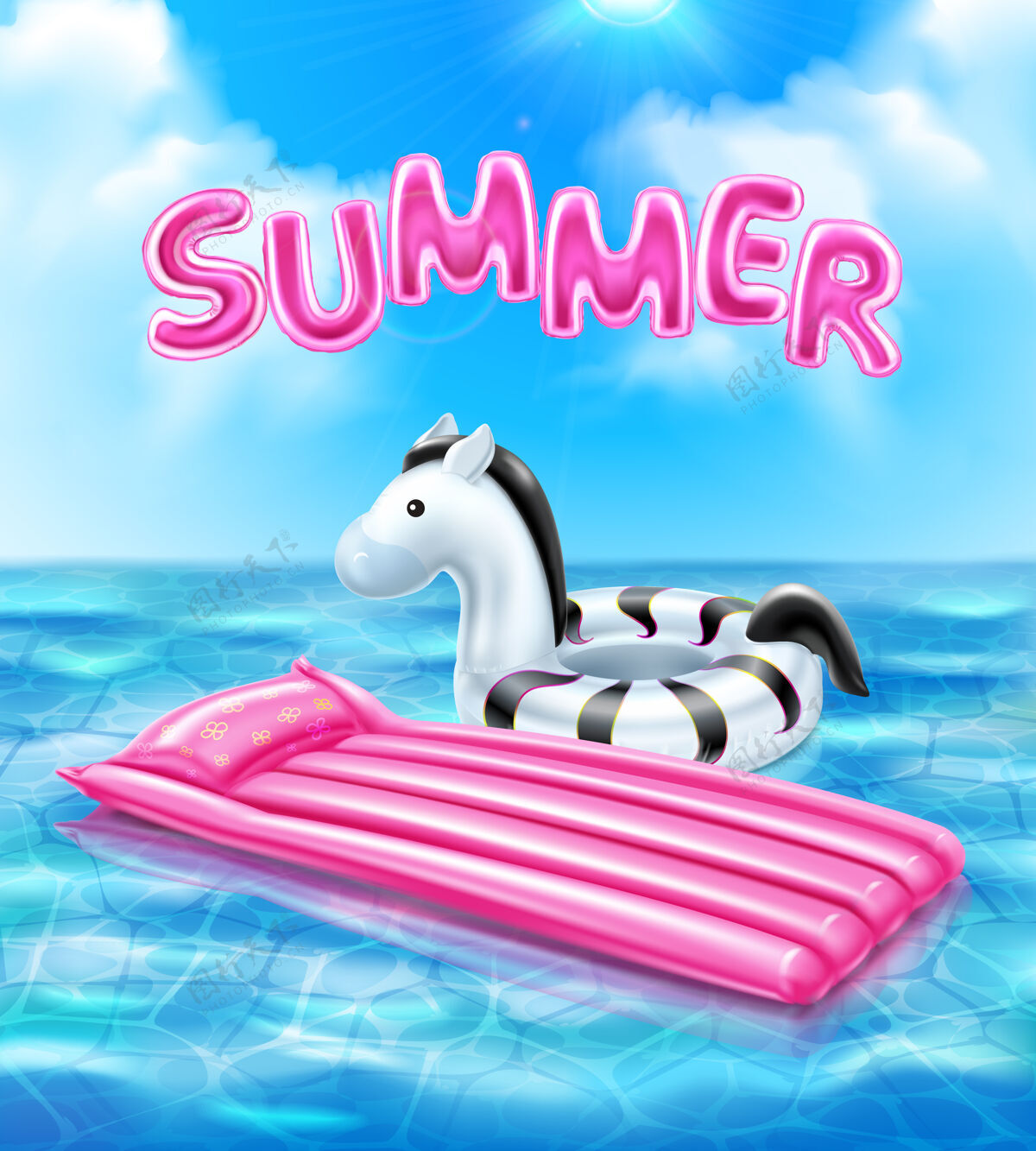 五彩缤纷夏季现实主义海报与充气游泳配件插图水夏天救命稻草