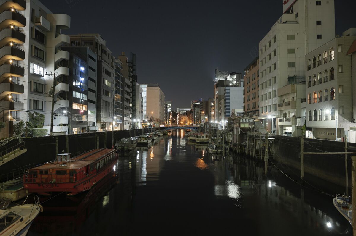 日本夜晚的日本城有河透视图城市建筑