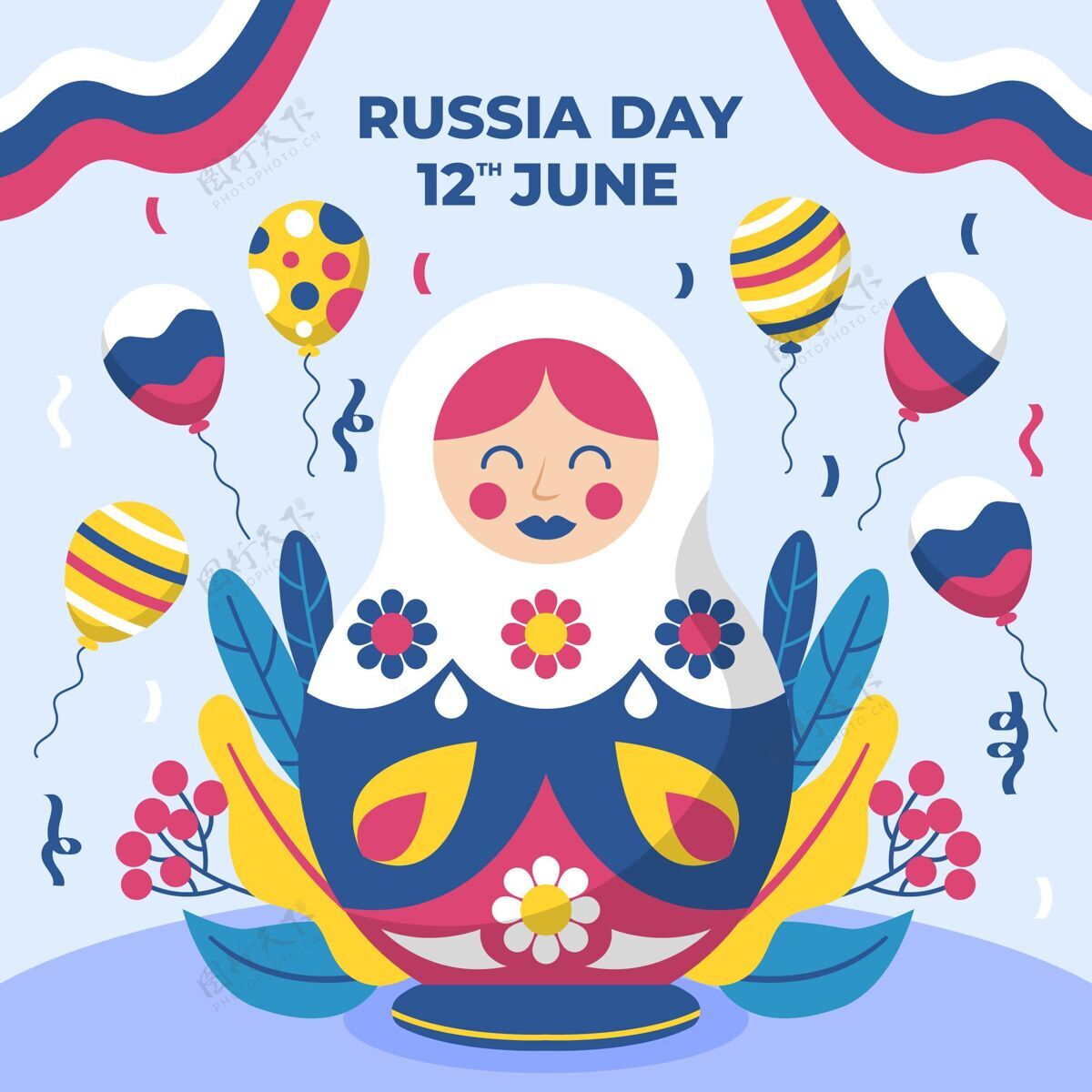 庆典平坦的俄罗斯日背景与气球俄罗斯主权壁纸