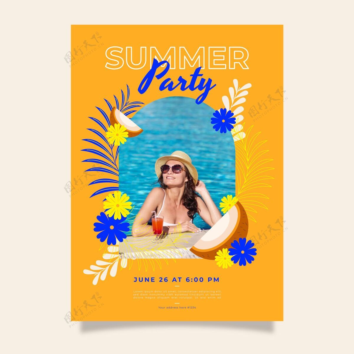 季节有机平面夏季聚会垂直海报模板与照片夏季派对海报准备印刷有机平面