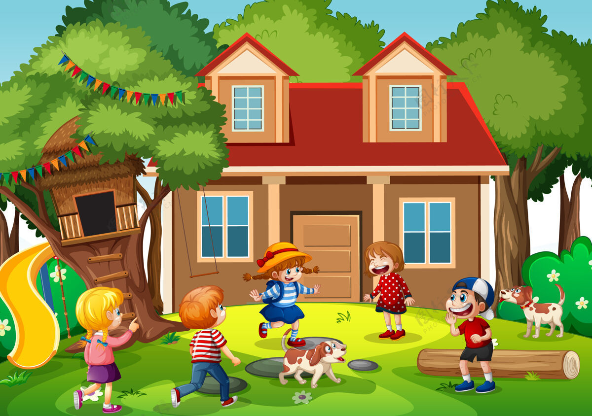 建筑许多孩子在屋前玩耍的户外场景皮毛卡通行动