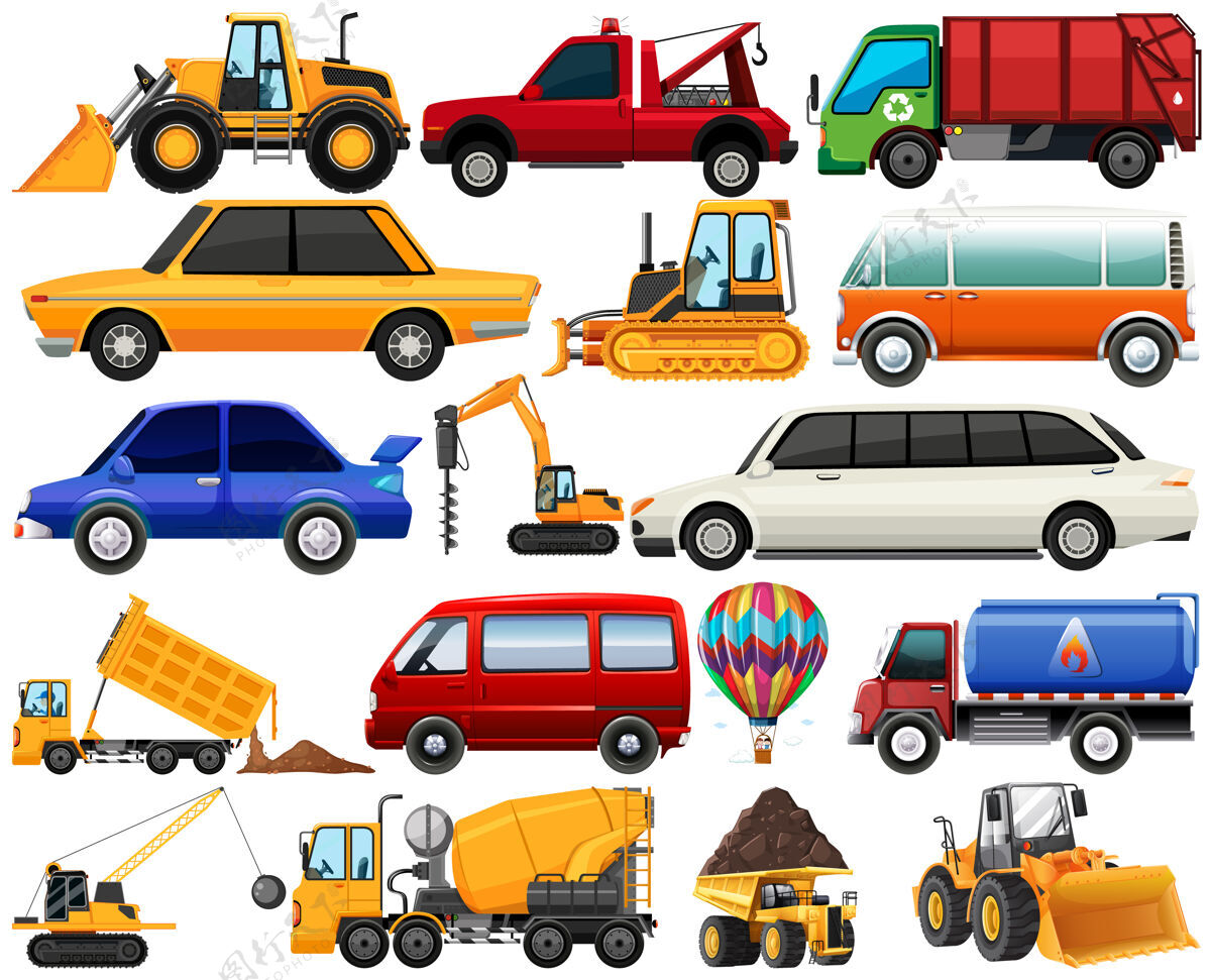 自动一套不同种类的汽车和卡车隔离在白色背景上汽车机器轮船
