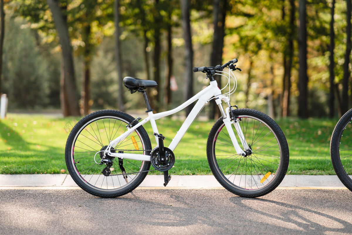 车轮白色自行车停在公园里街道葡萄酒特写