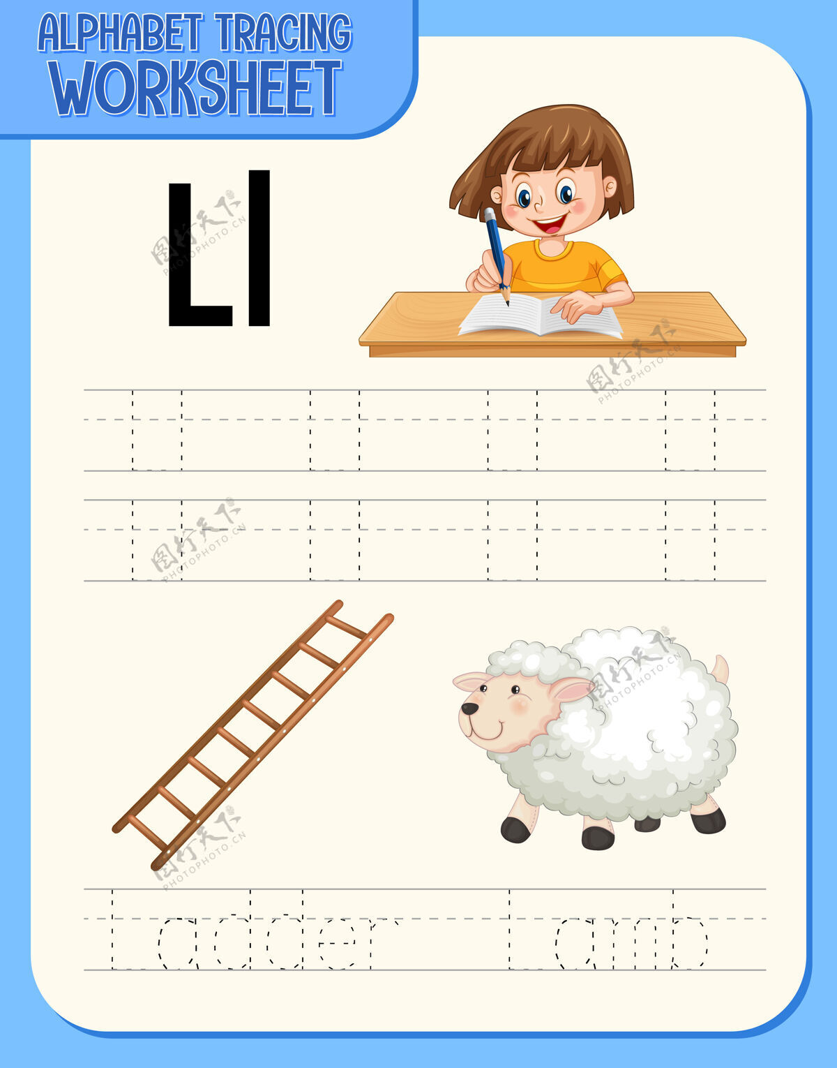 学习字母表跟踪与字母和词汇工作表学习羊字体