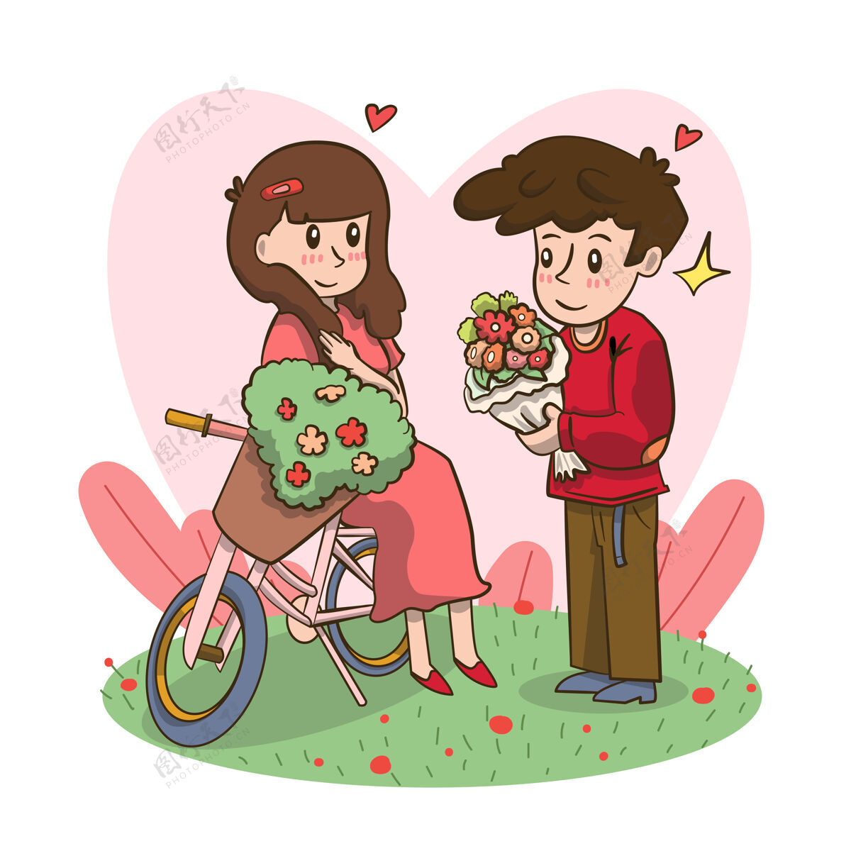 自然男人捧着鲜花向女人求婚他情人节快乐的概念自行车浪漫女人