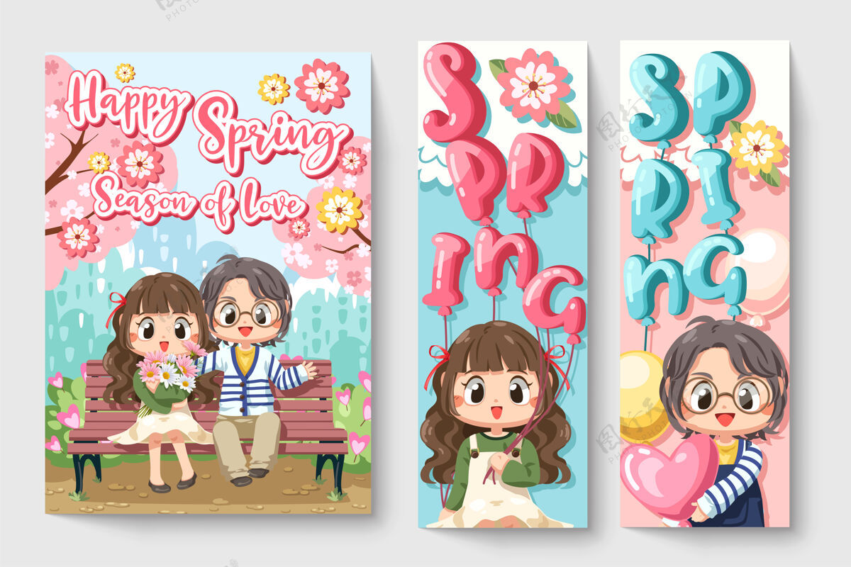 气球可爱的男孩和女孩夫妇在春天的主题插画花卉儿童时尚艺术作品树枝花束可爱的女孩