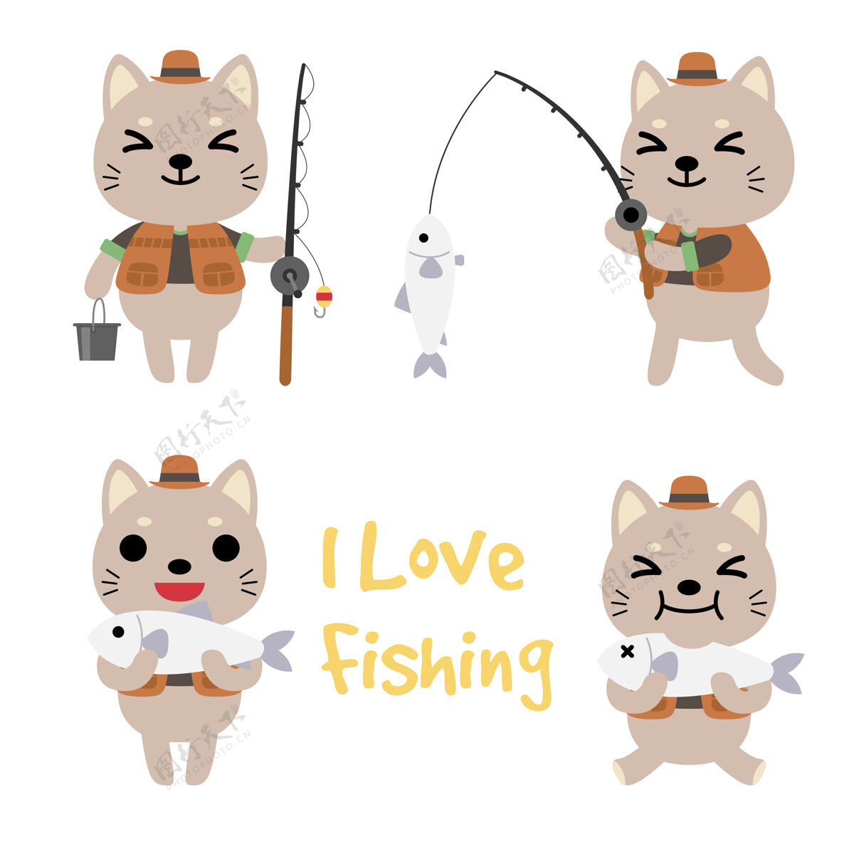 色彩一套猫咪钓鱼 搞笑动物卡通快乐人物