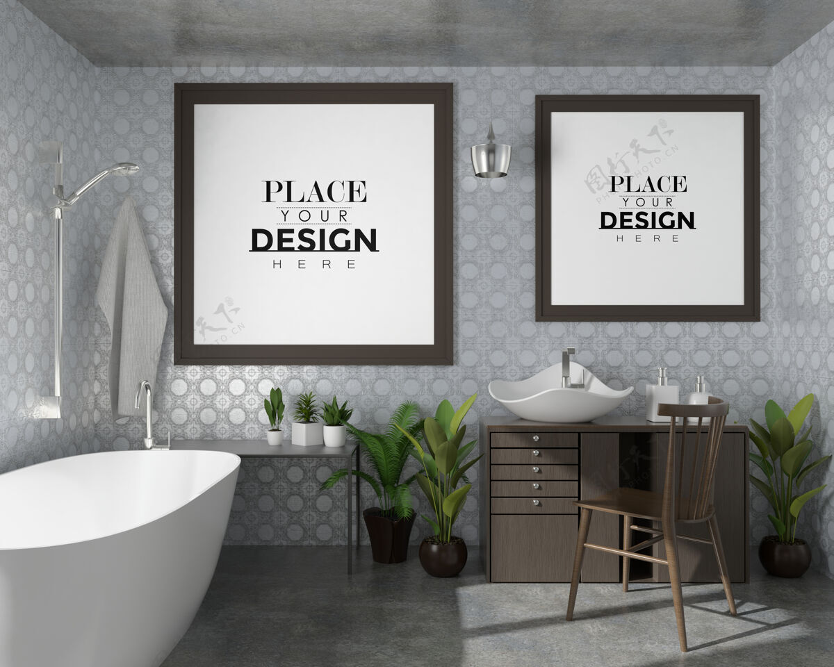 家具浴室内部海报框架模型花花房间