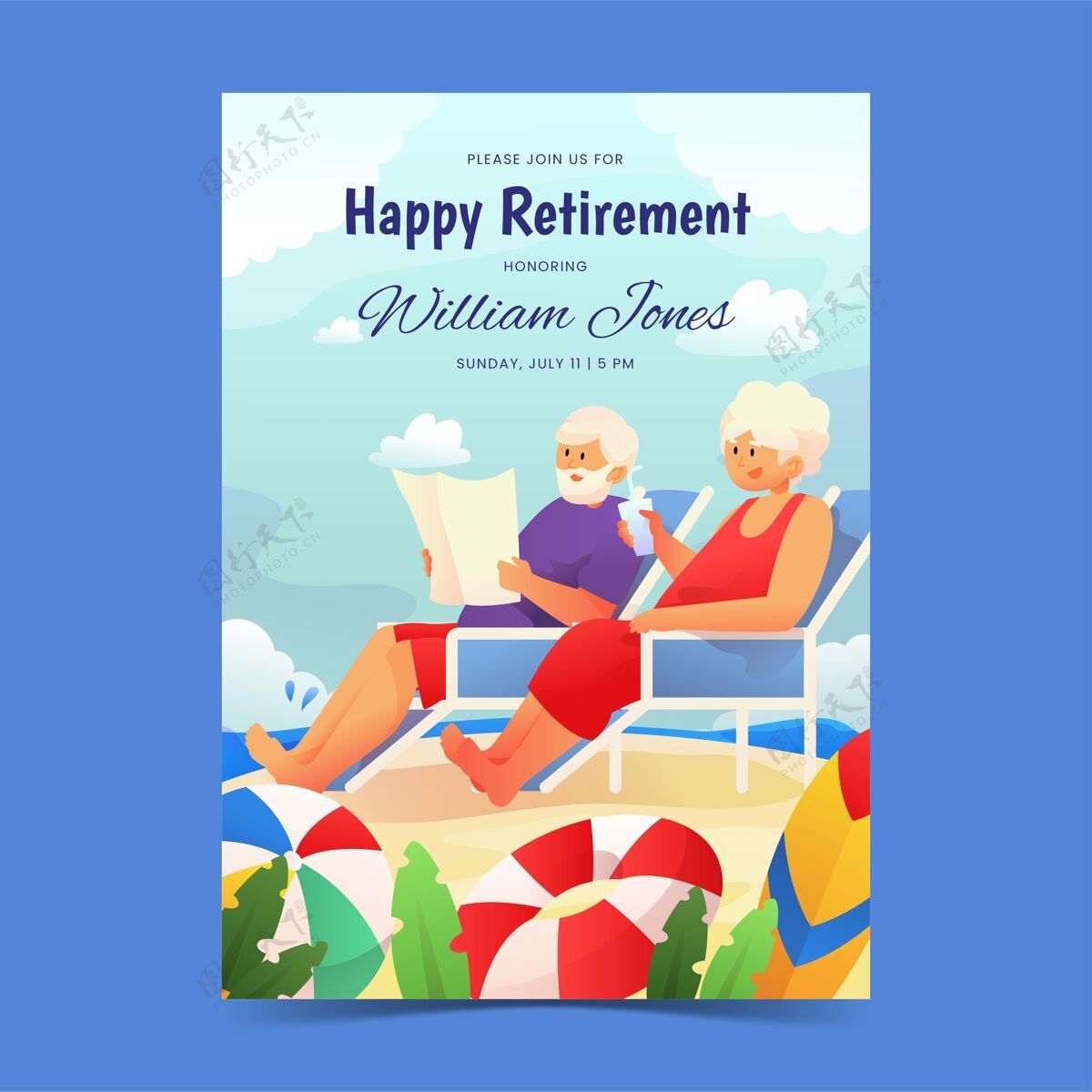 退休快乐渐变退休贺卡老年人随时打印平面设计