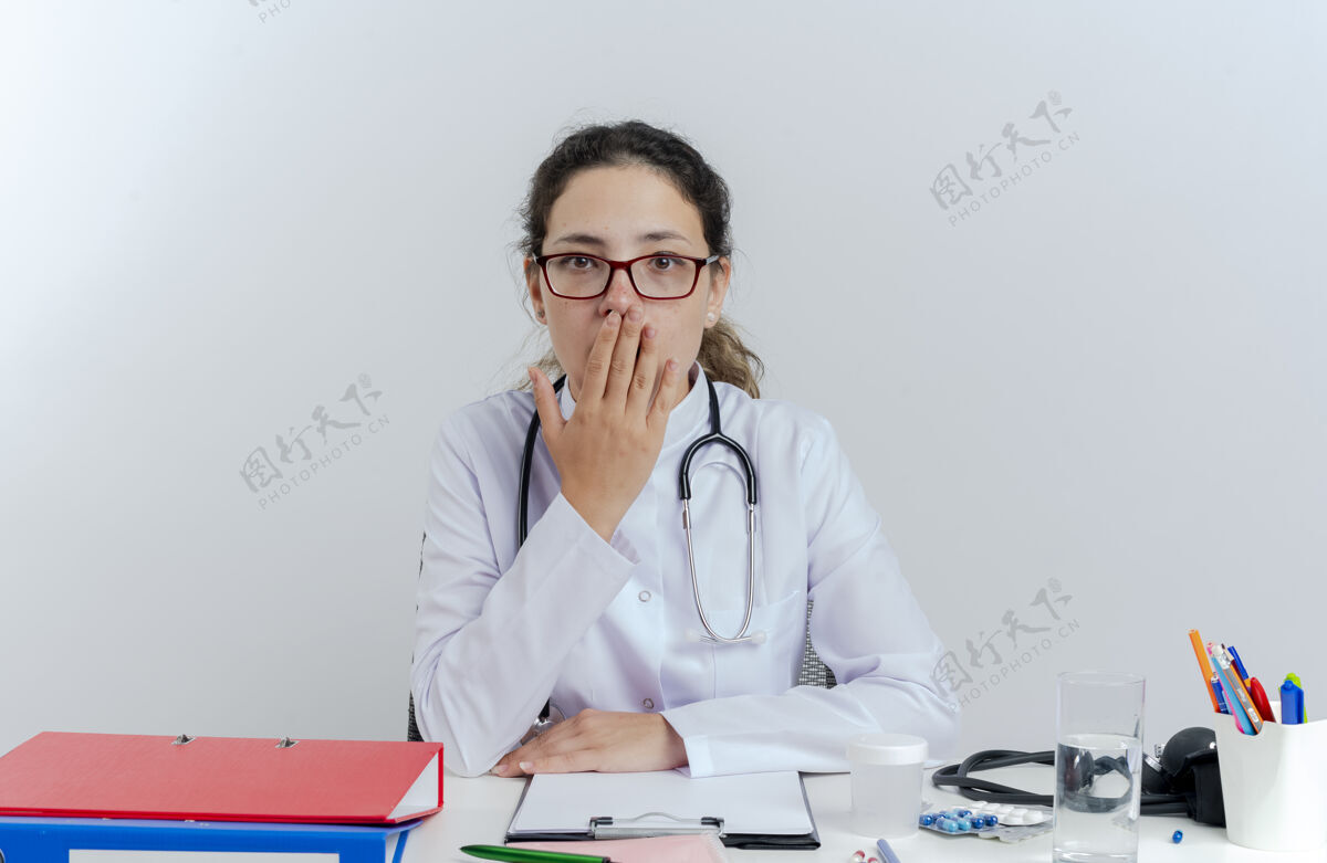 女人年轻的女医生穿着医用长袍 戴着听诊器 戴着眼镜 坐在办公桌旁 手放在嘴上 看起来很奇怪手医生长袍