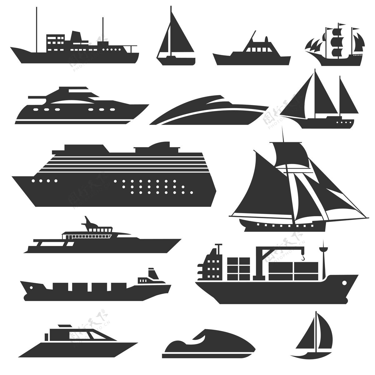 集装箱船和船驳船 游轮 航运和渔船标志黑色轮廓的海洋车辆插图海运帆船海洋