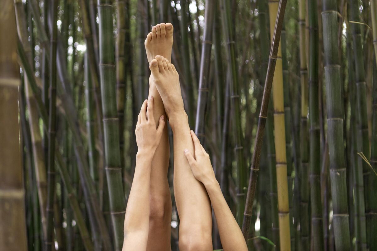 蔬菜近距离的腿和手臂摆出竹子的姿势自然特写室外