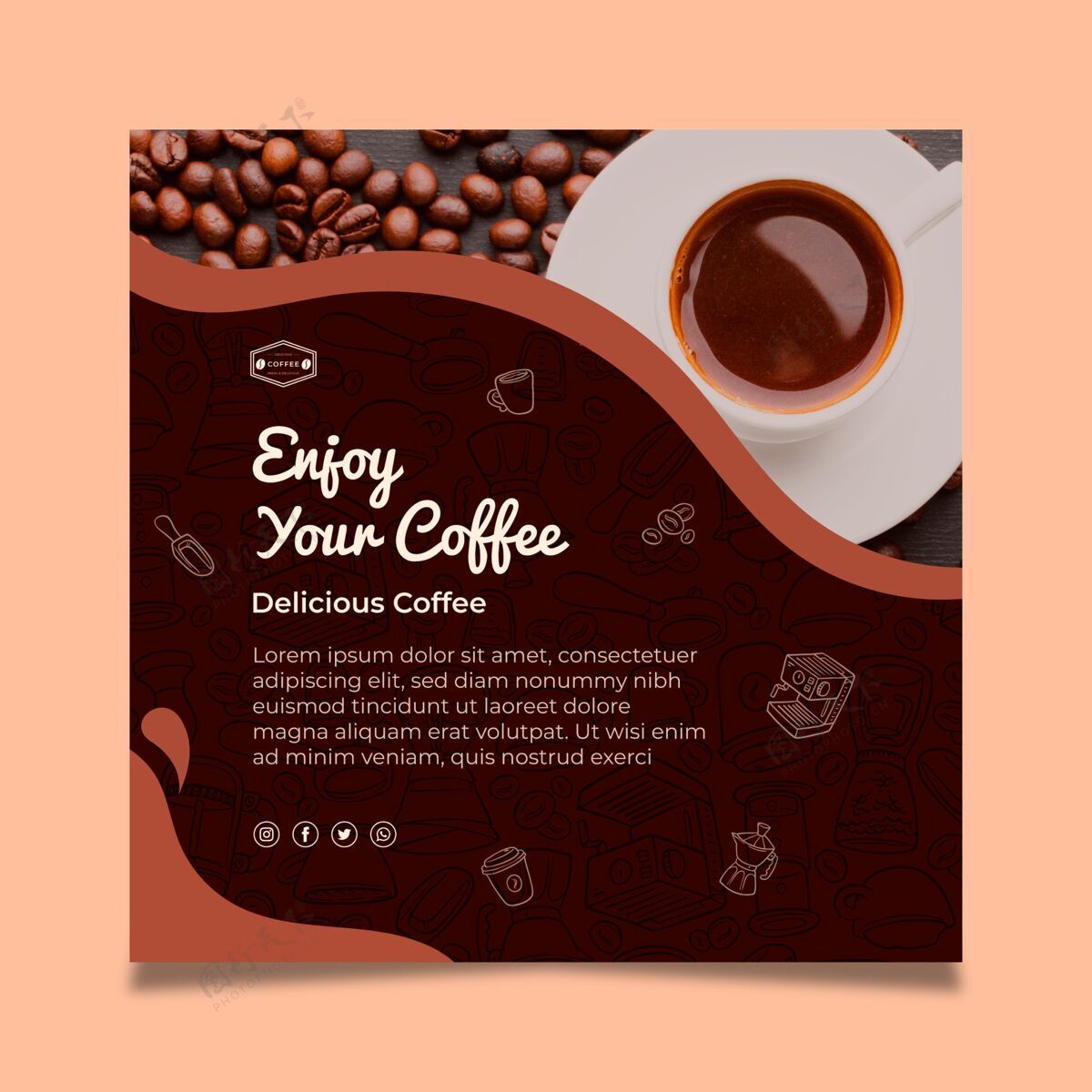 咖啡因咖啡口味方形传单模板传单香气准备打印