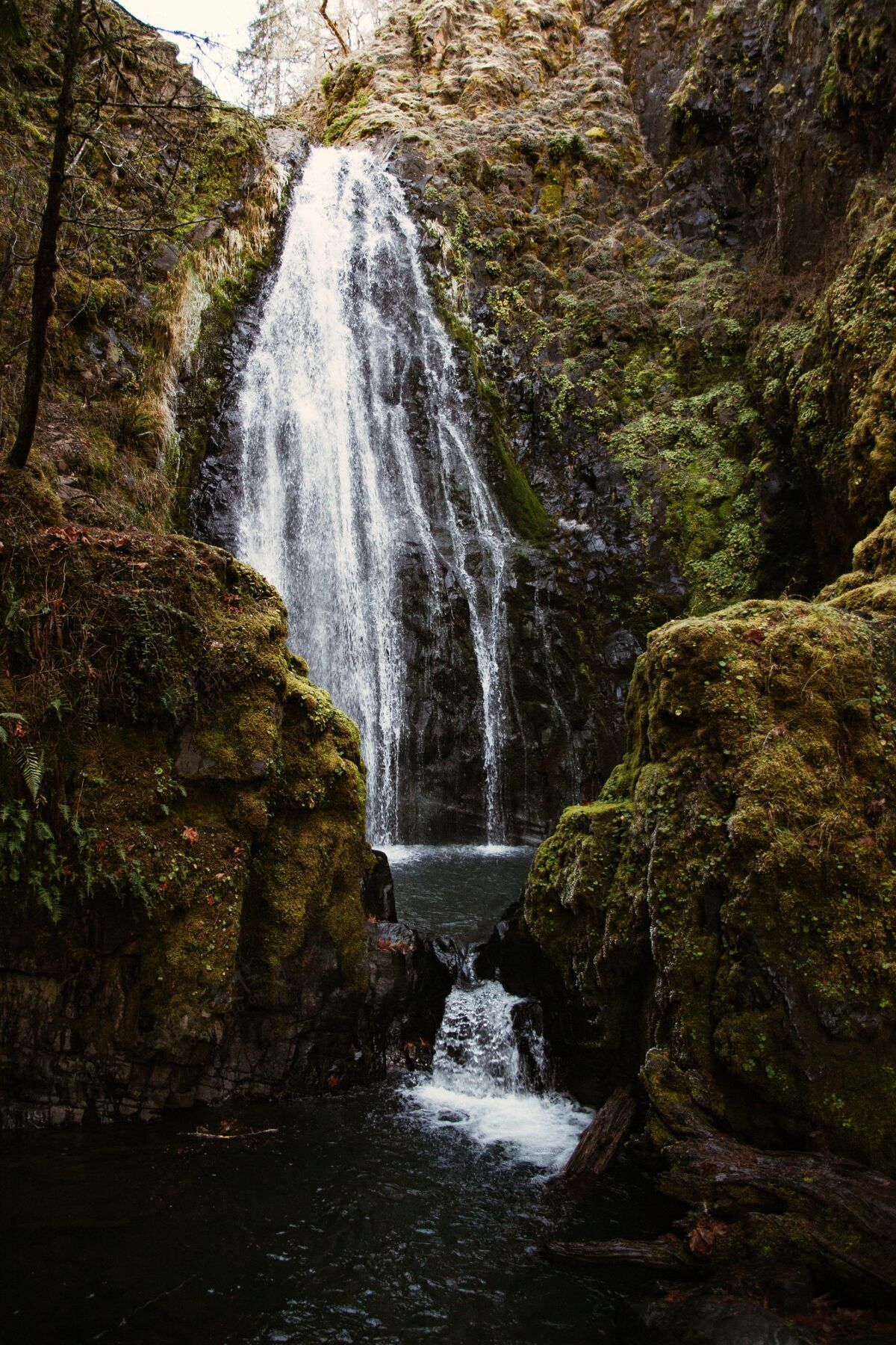 溪流在白天的阳光下 一个被岩石和绿色植物包围的瀑布的垂直镜头瀑布石头瀑布