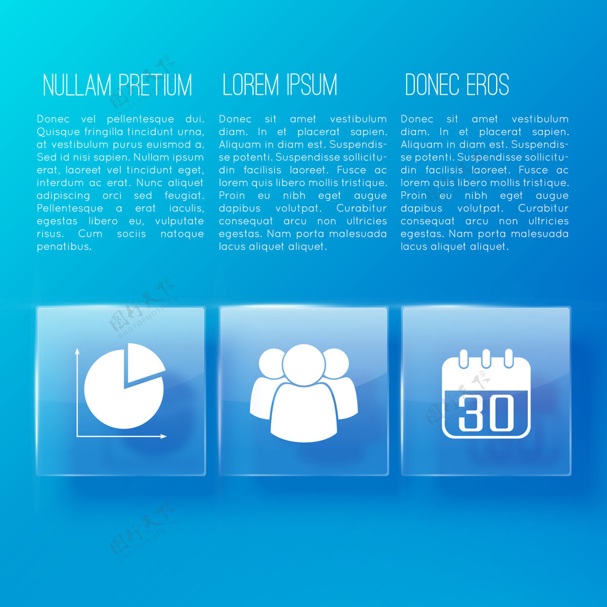 文本业务演示的蓝色页面 包含三列主题信息样本文本网站信息