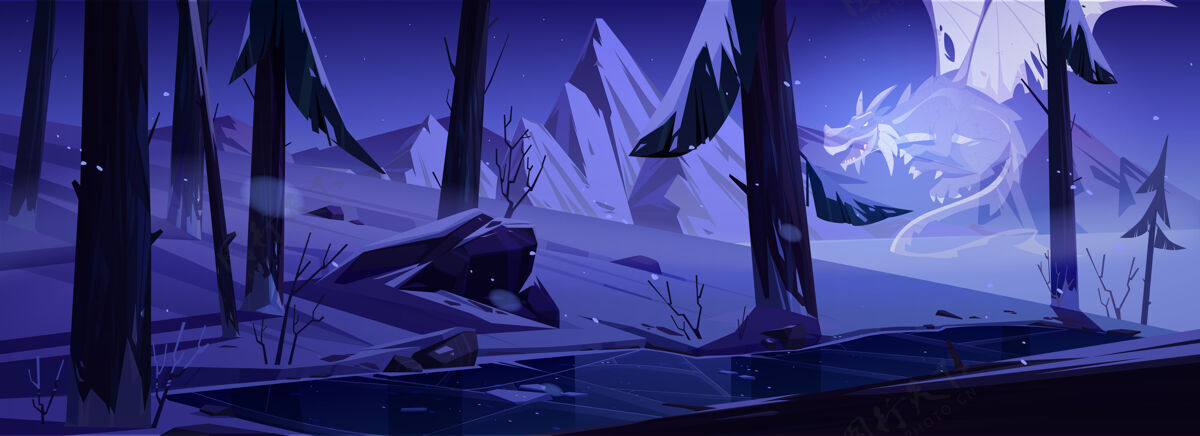 自然龙魂在冬夜的森林里与池塘季节生物雪