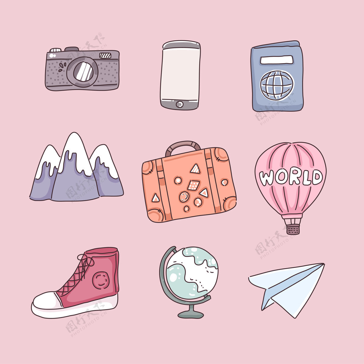 地球仪卡通人物旅游用品 粉色背景平面插图飞机假日探索