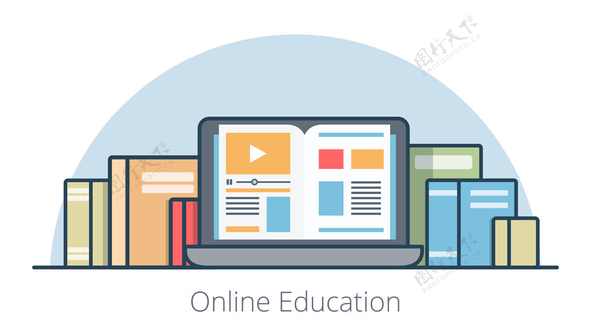 在线平板笔记本电脑 带书本屏幕插图在线教育课程和知识概念教育技术时尚