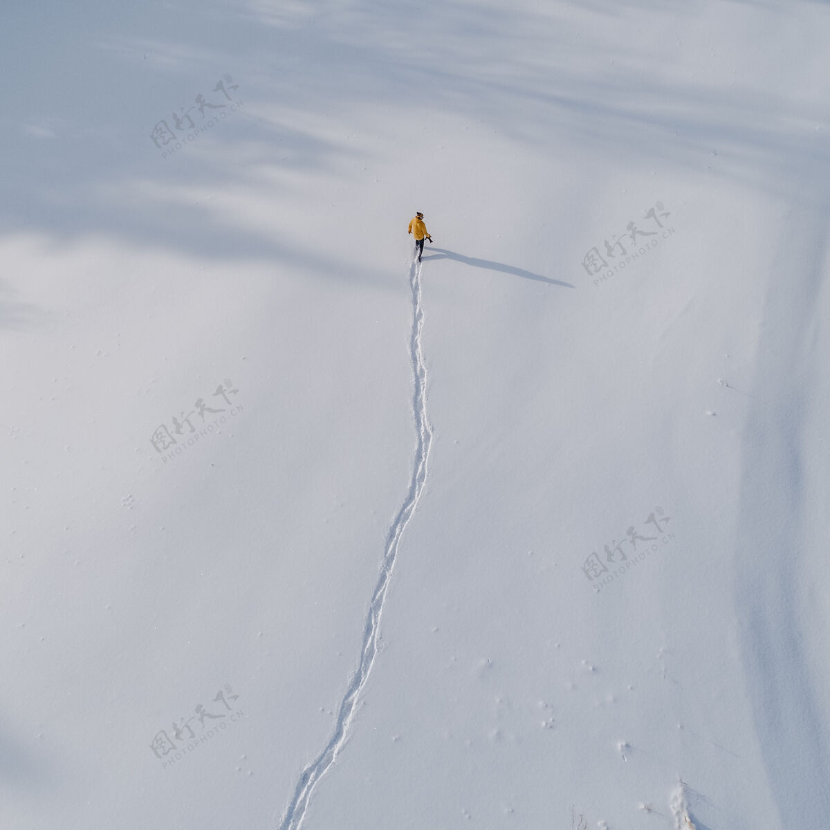 冷鸟瞰一个人行走在一片被雪覆盖的田野草田野景色