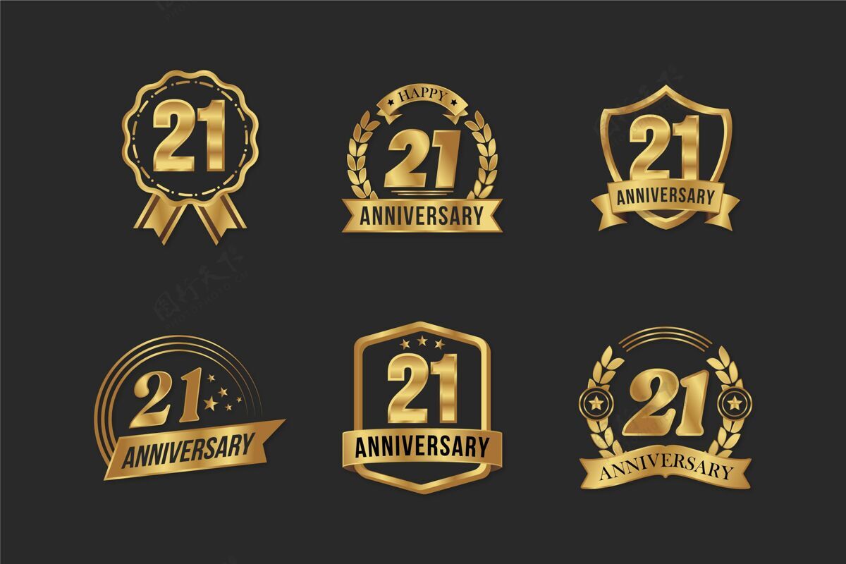 徽章平面设计21周年纪念金徽章系列快乐节日收藏