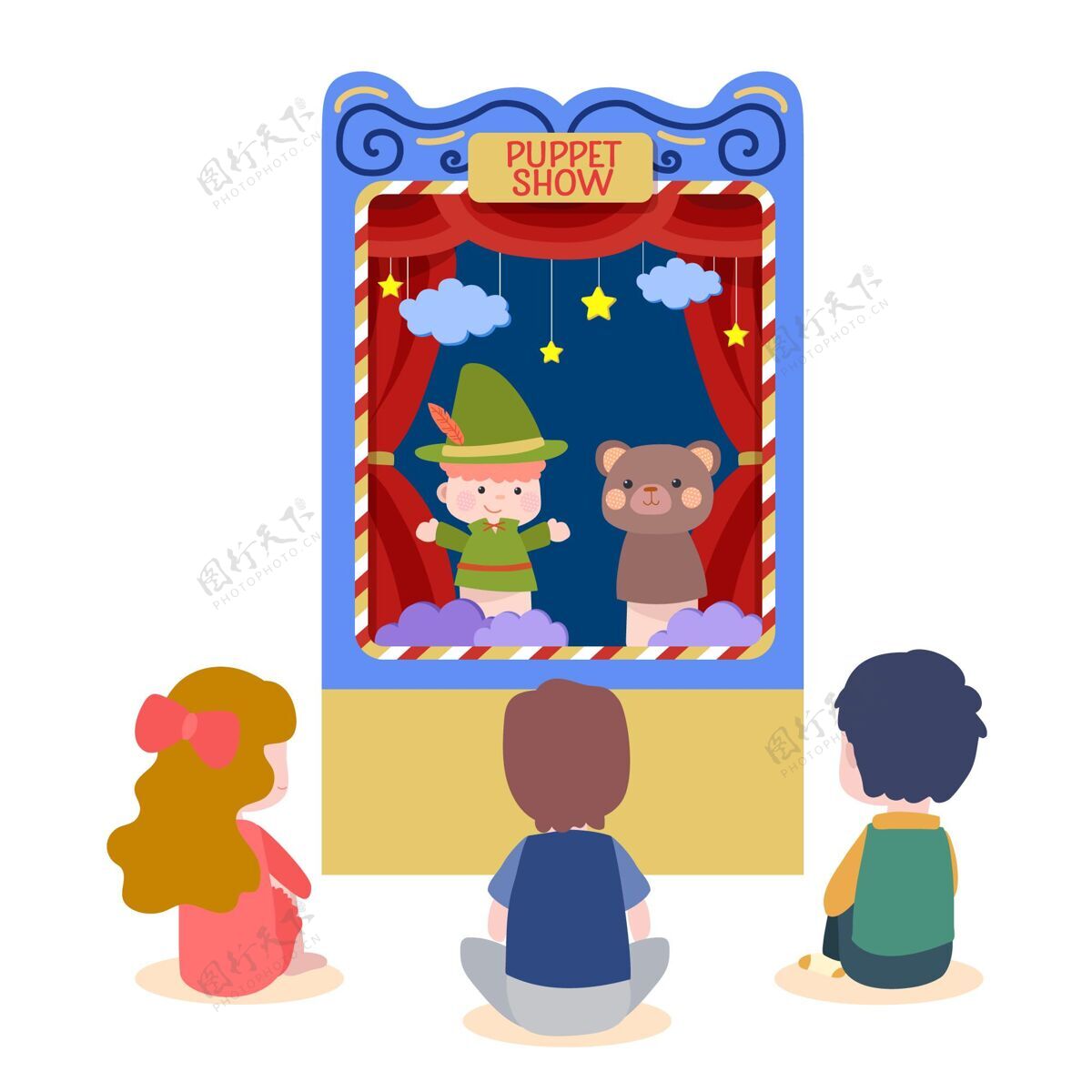 木偶表演有插图的孩子们在看木偶戏观看童话可爱