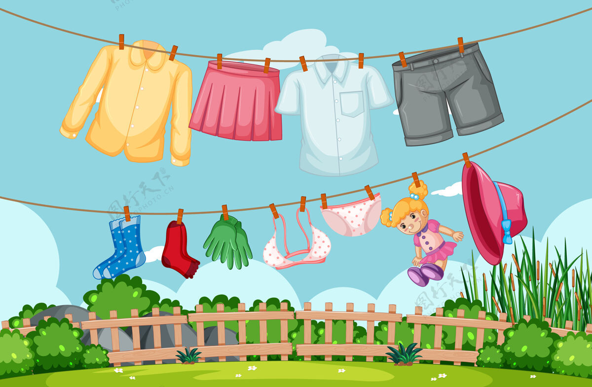 裙子院子里挂在绳子上的衣服装备洗衣房裤子