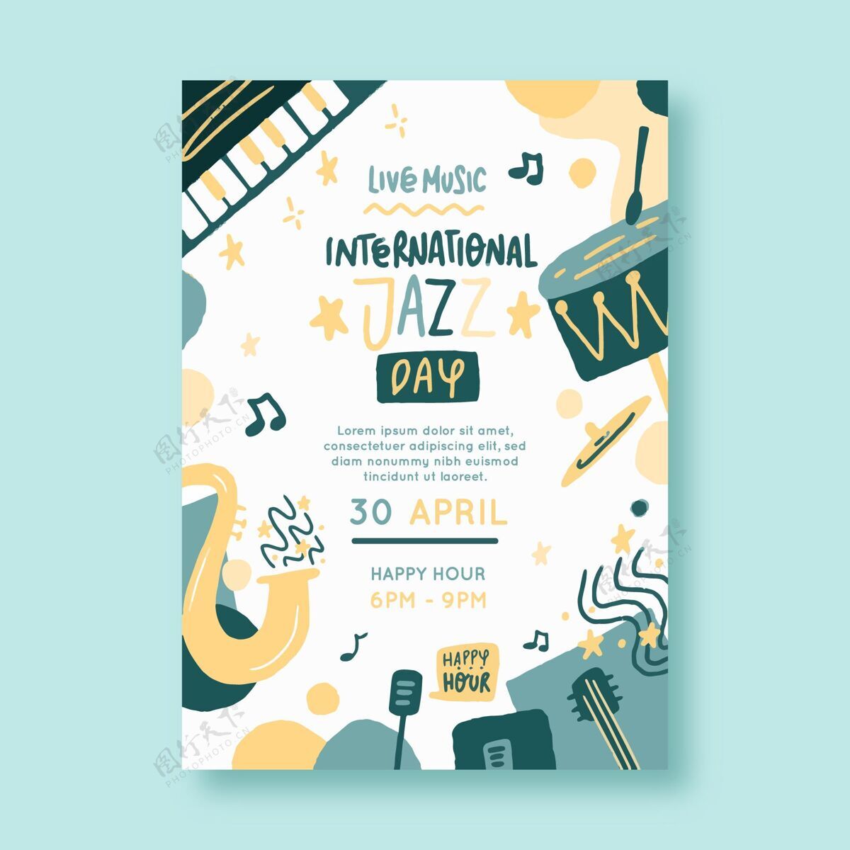 爵士乐手绘国际爵士日海报模板音乐准备印刷4月30日