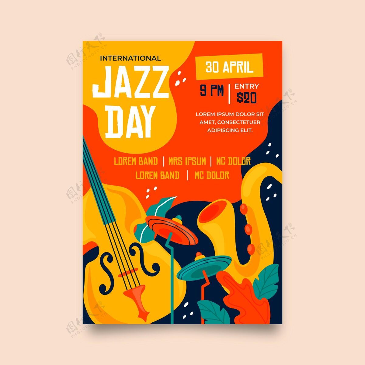 音乐会手绘国际爵士日垂直海报模板国际爵士乐日爵士乐准备印刷