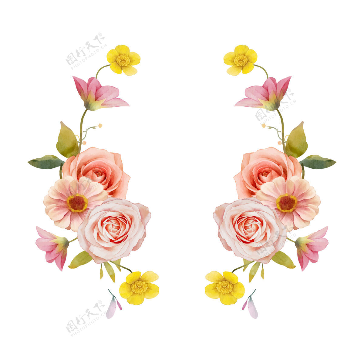 花美丽的花环与水彩玫瑰和百日草海葵花框架
