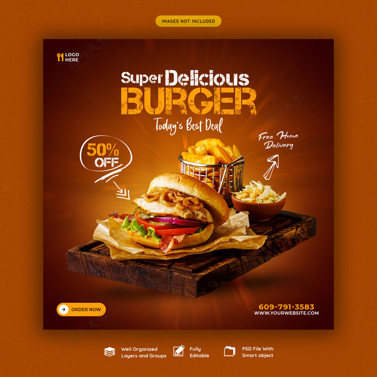 销售美味汉堡和食物菜单社交媒体横幅模板社交媒体Instagram美味食品