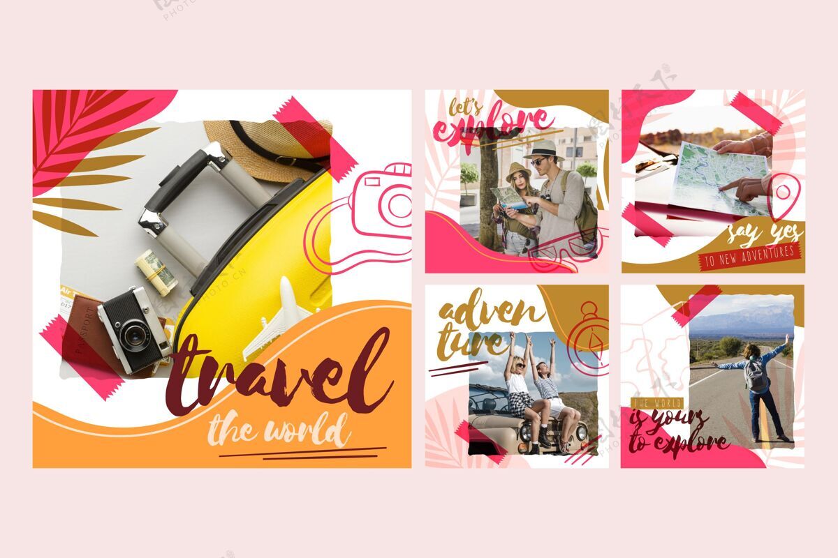 模板绘制旅行instagram帖子集旅行者度假旅游